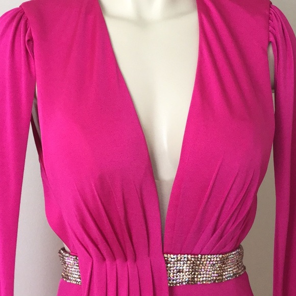 Hot Pink Plunging Neckline Open Back Gown NM61684 - Picture 2 of 8